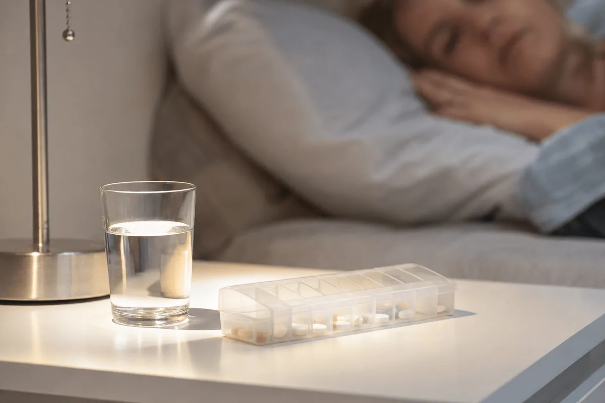 A glass of water and a pill organizer on a bedside table in soft morning light