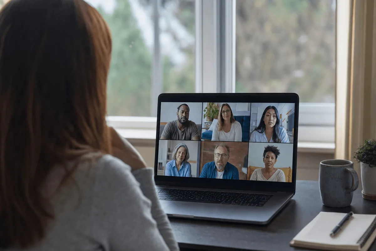 A laptop screen showing a small video therapy group, viewed from a quiet home desk