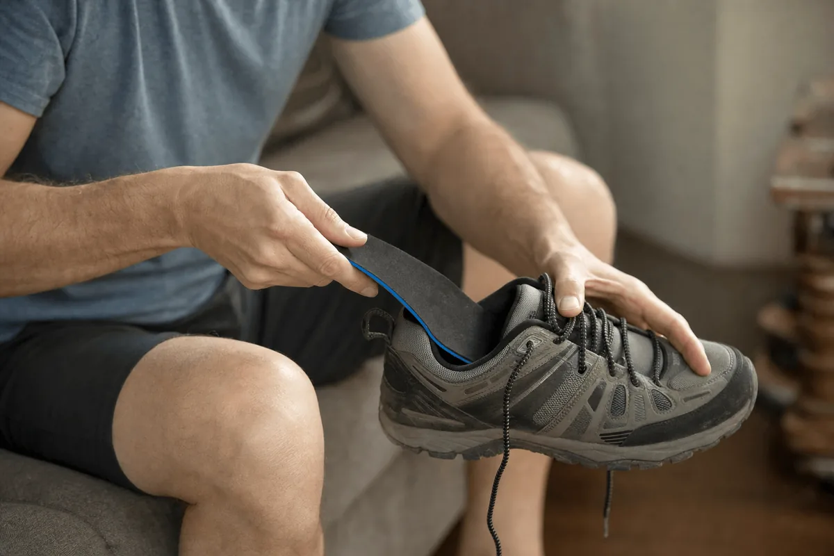 A person fitting a custom insole into a supportive walking shoe