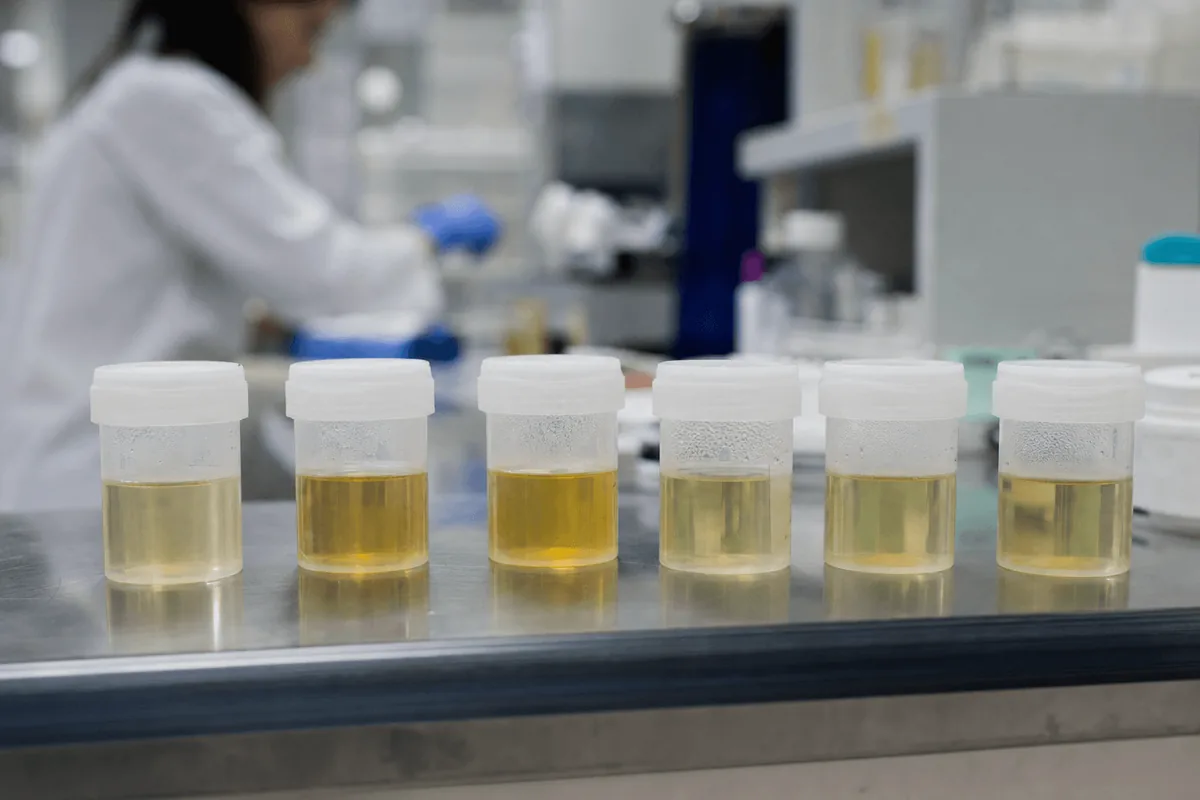 A row of labeled specimen cups on a stainless steel lab bench under bright clinical light